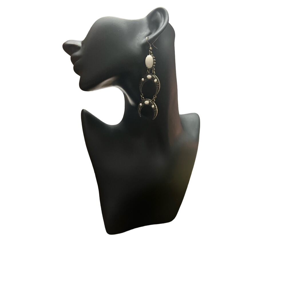 Bohemian Crescent Moon Dangle Earrings with White Stone Accents